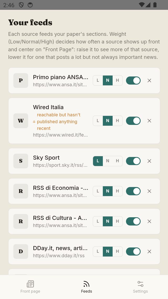 Gestione delle fonti nella scheda Feed