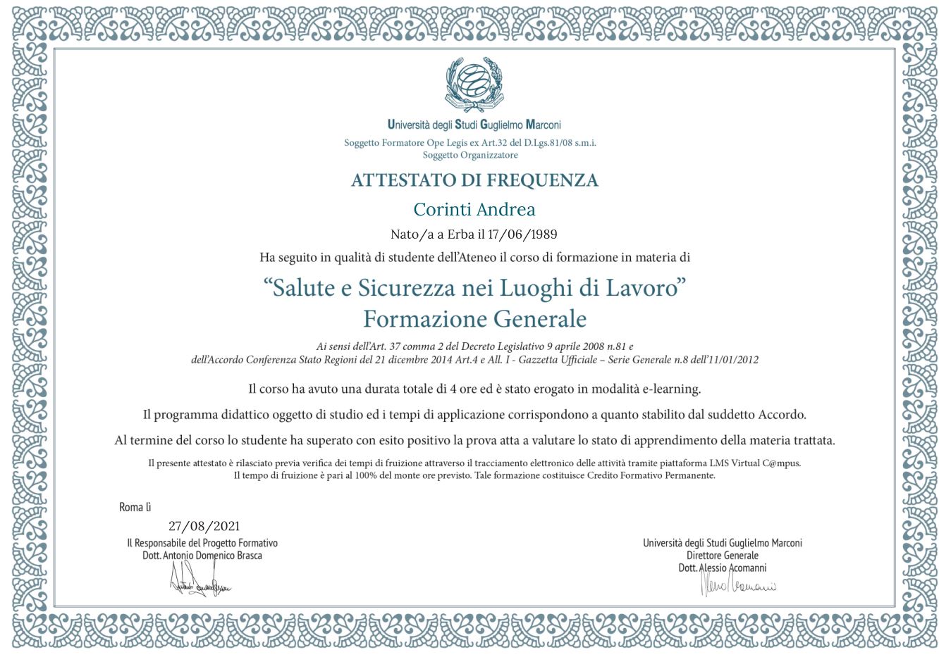 Salute Sicurezza Certification