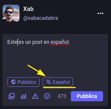 screen di mastodon, schermata con scelta della lingua