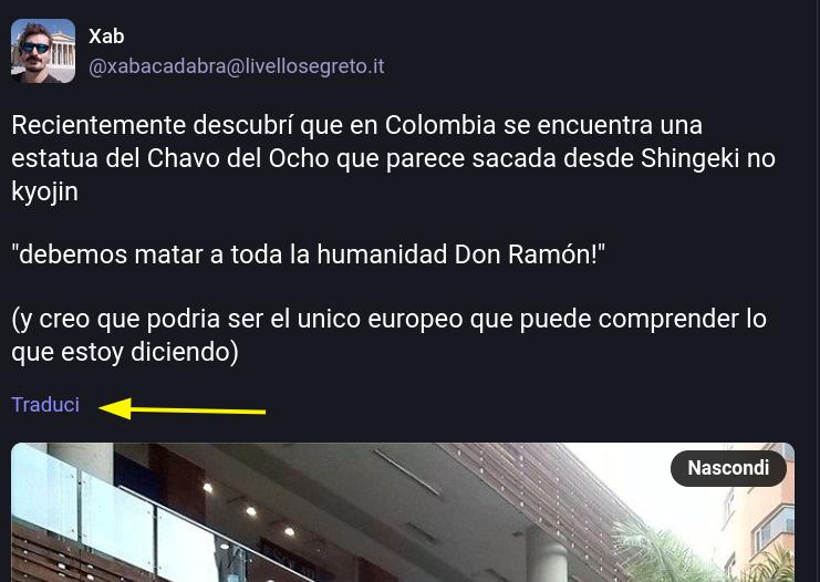 screen di mastodon, schermata con lingua e traduzione