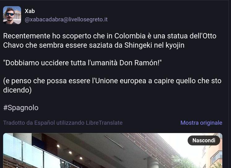 screen di mastodon, schermata con lingua e traduzione