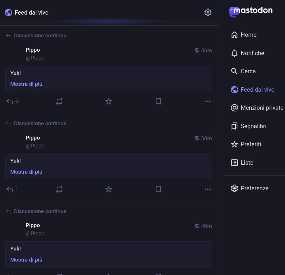 screen di una timeline local di mastodon con molti post pubblici della stessa persona