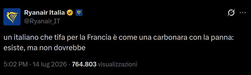 Post di Ryanair Italia su X con tono ironico/simpatico